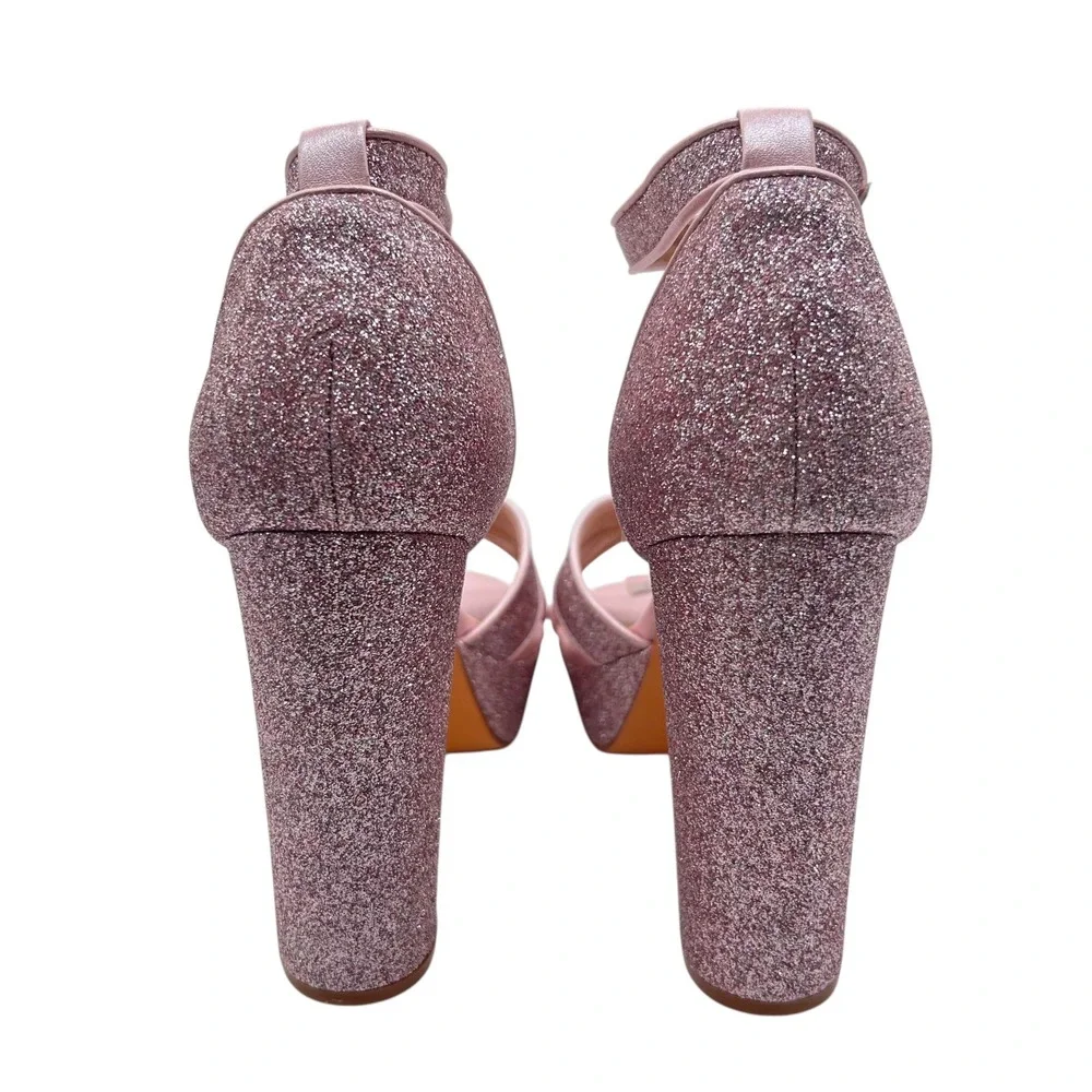 Allegra K Platform Heels Women 9 Pink Glitter Criss Cross Ankle Strap Block Heel
